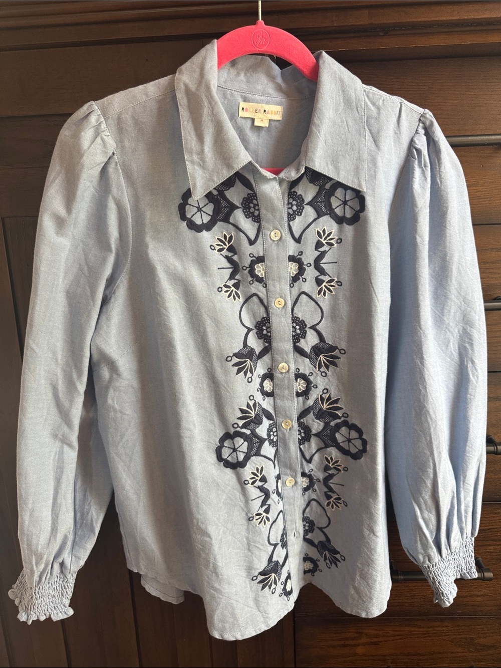 Roller Rabbit Light Blue Button-Up Blouse with Navy Floral Embroidery